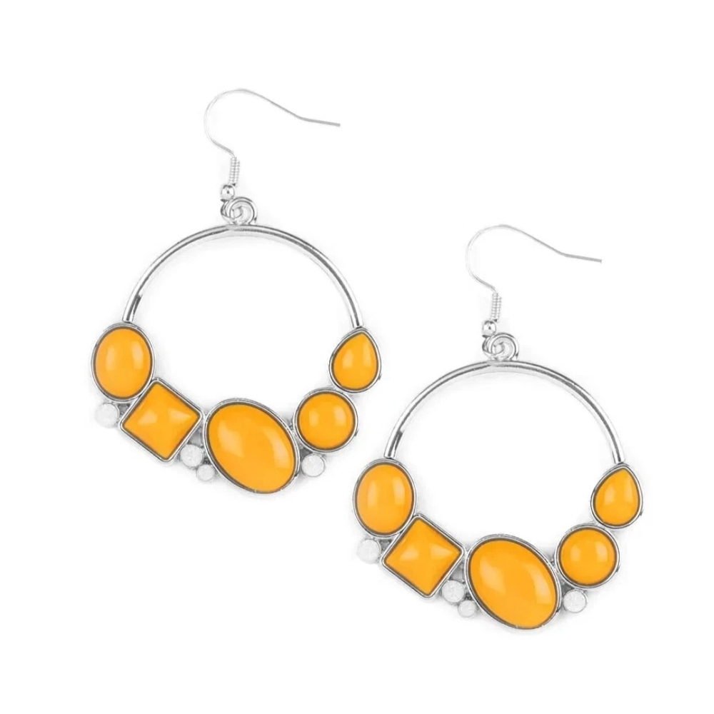Yellow Hoop Drop Earrings with Gem Accents